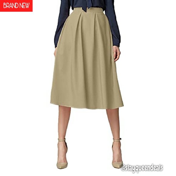 Knee Length A-Line Midi Skirt Elastic Waist Pockets Work Casual - Picture 5 of 5
